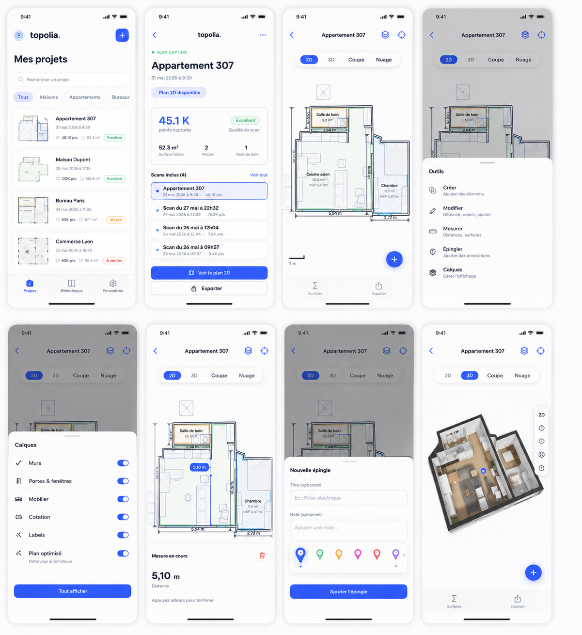Captures de Topolia Scan montrant la liste des projets, le détail d'un appartement, le plan 2D, les outils, les calques, la mesure, les épingles et la vue 3D